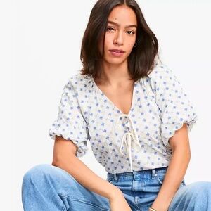 NWT- LOFT Floral Embroidered Bow Blouse Blue/Ivory multi size medium